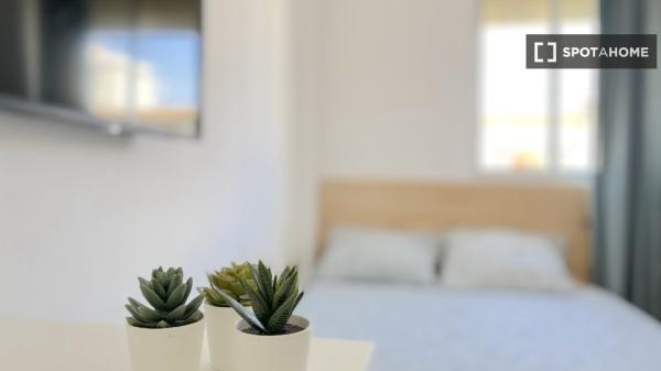 Luminosa habitación con cama de matrimonio equipada para estudiantes